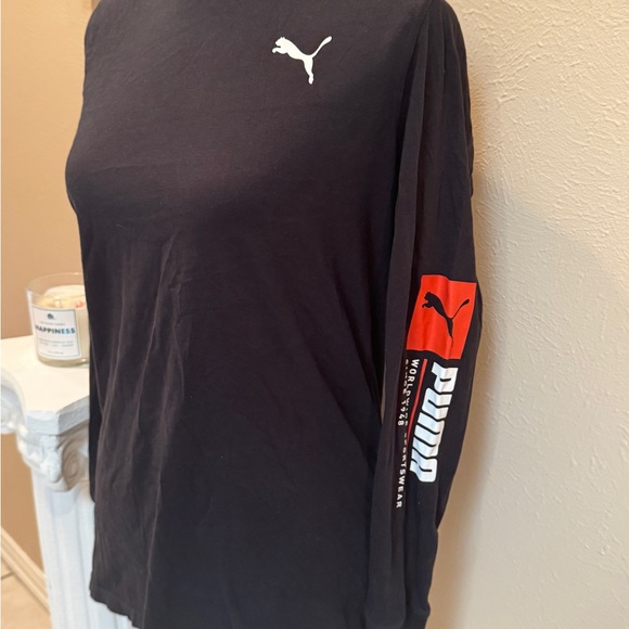 Puma Men's Black Long Sleeve Tee with Red Sleeve Accent - Picture 1 of 3